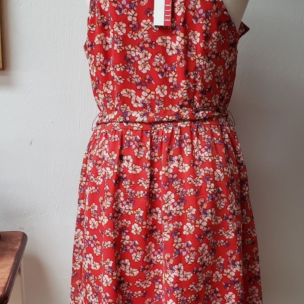 Elle Orange Floral Ruffle Fully Lined Round Neck Women's Dress Size 12 NWT - Picture 3 of 4